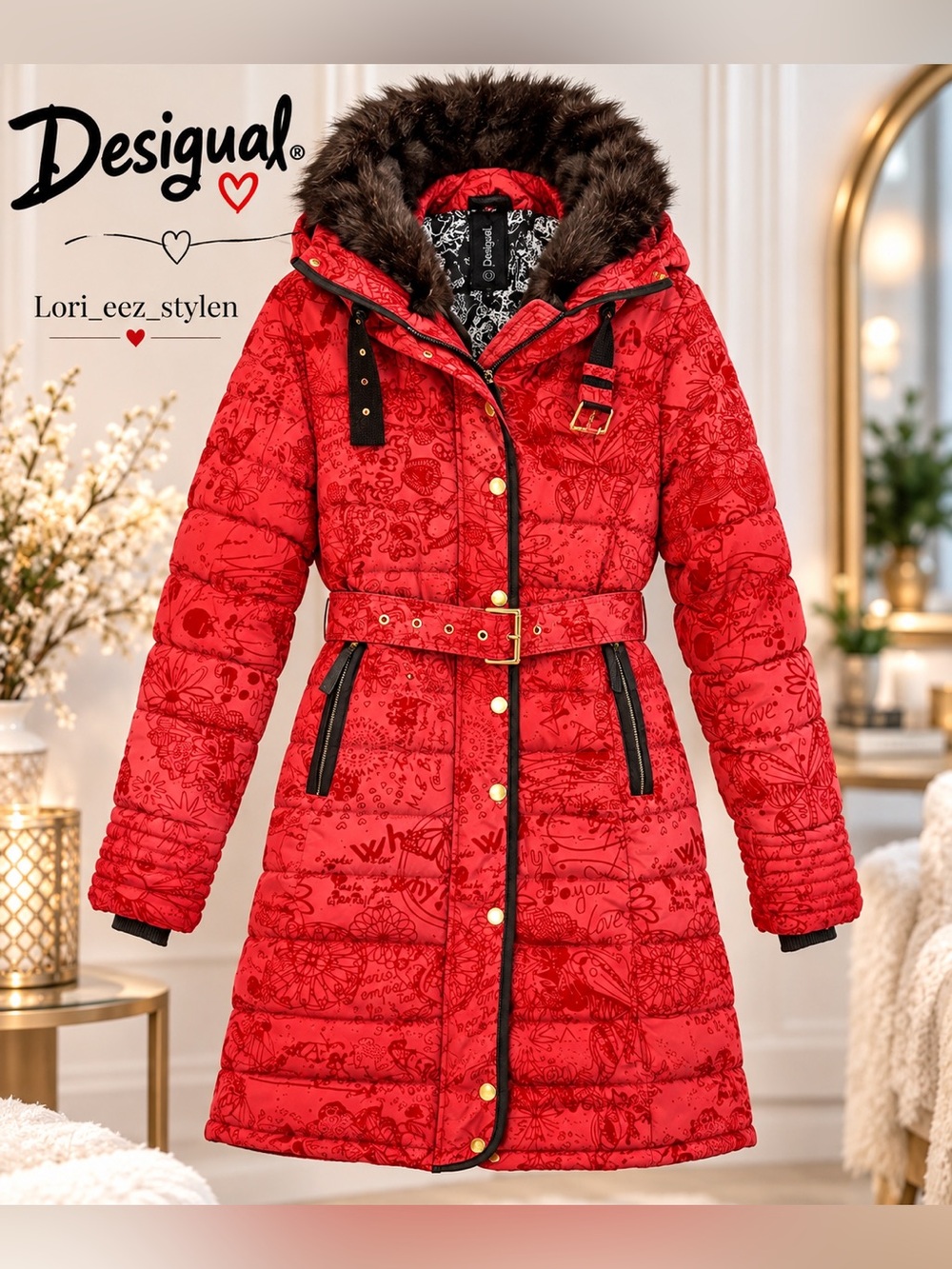Desigual Red Quilted Belted Puffer Coat with Faux Fur Trim